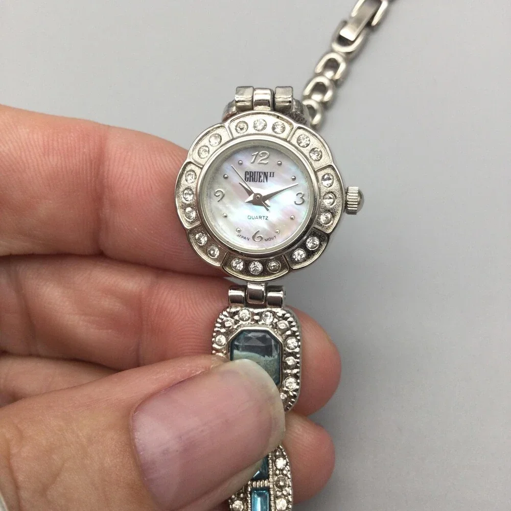 Gruen Womens Watch 21mm Mother Of Pearl Dial Blue Crystal New Battery 8
